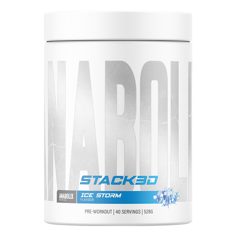 Anabolix Stack3D Ice Storm pre-workout powder tub, labelled as 40 servings and 528g.