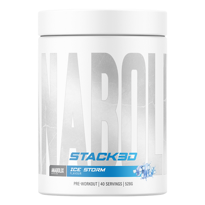 Anabolix Stack3D Ice Storm pre-workout powder tub, labelled as 40 servings and 528g.