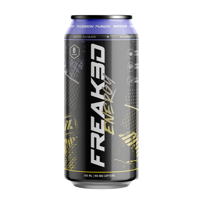 Freak Energy Passion Punch energy drink 500ml can with zero sugar, 160mg caffeine and purple accents