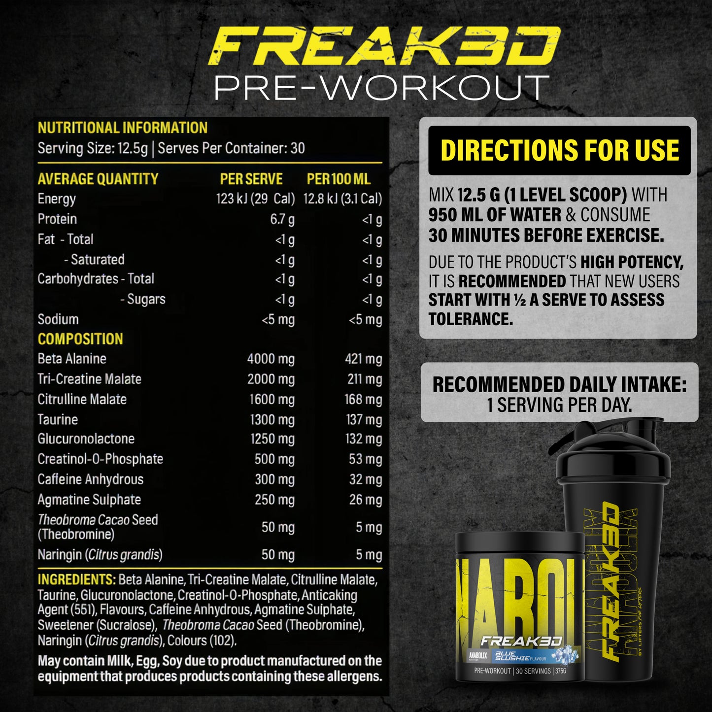 NAR Freak3D blue slushie pre-workout powder 375g tub, black packaging with nutrition info panel and shaker