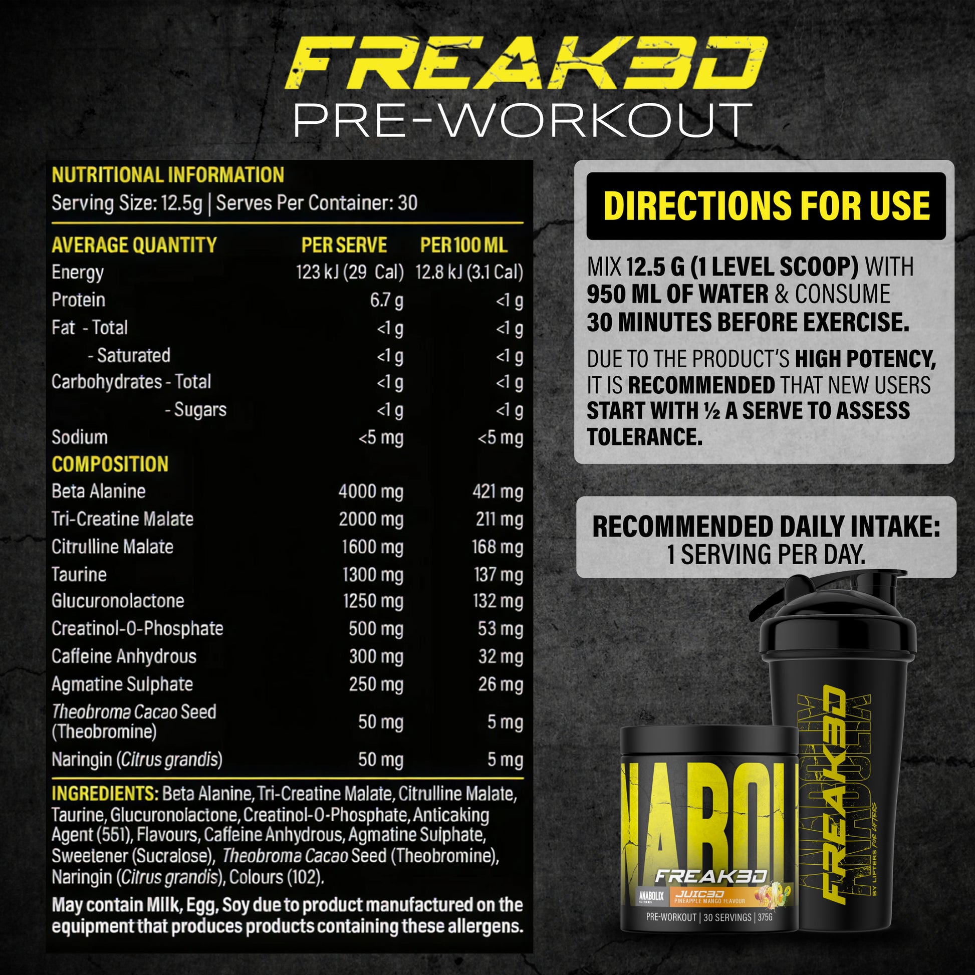 NAR Freak3D pre-workout juice mango flavour 375g tub with black shaker and bold yellow label