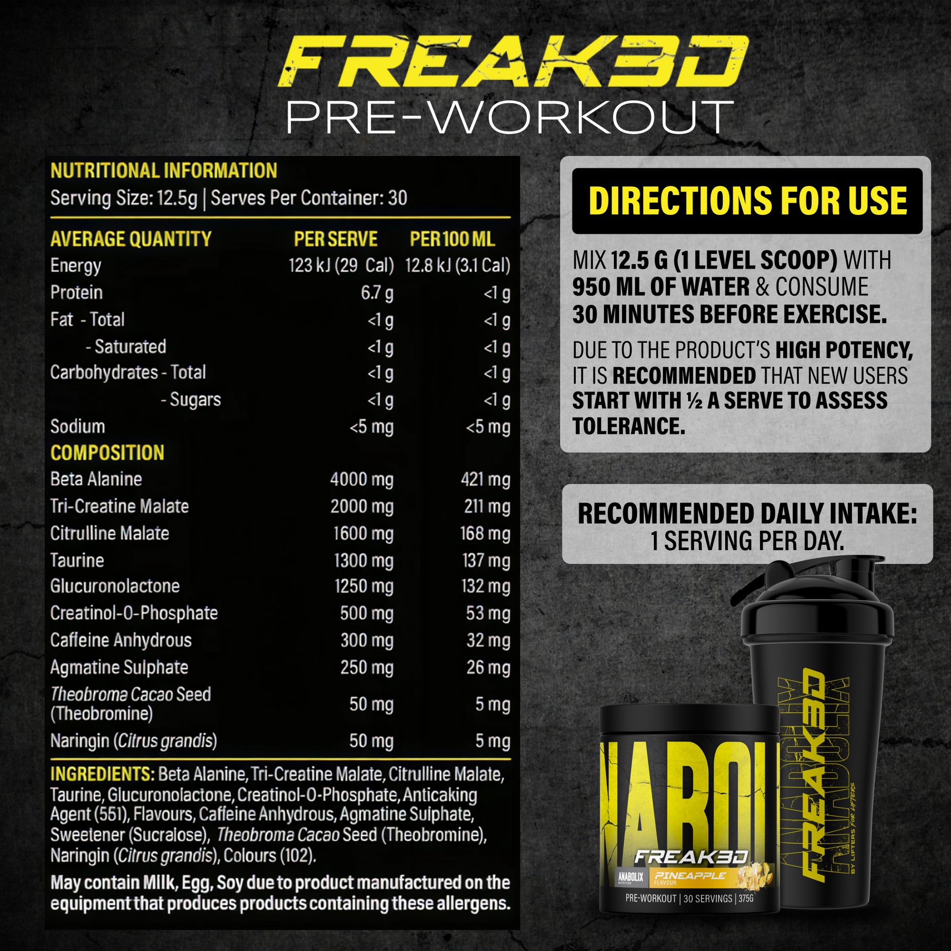 NAR Freak3D pineapple pre-workout powder 375g tub, black packaging with nutrition info panel and shaker