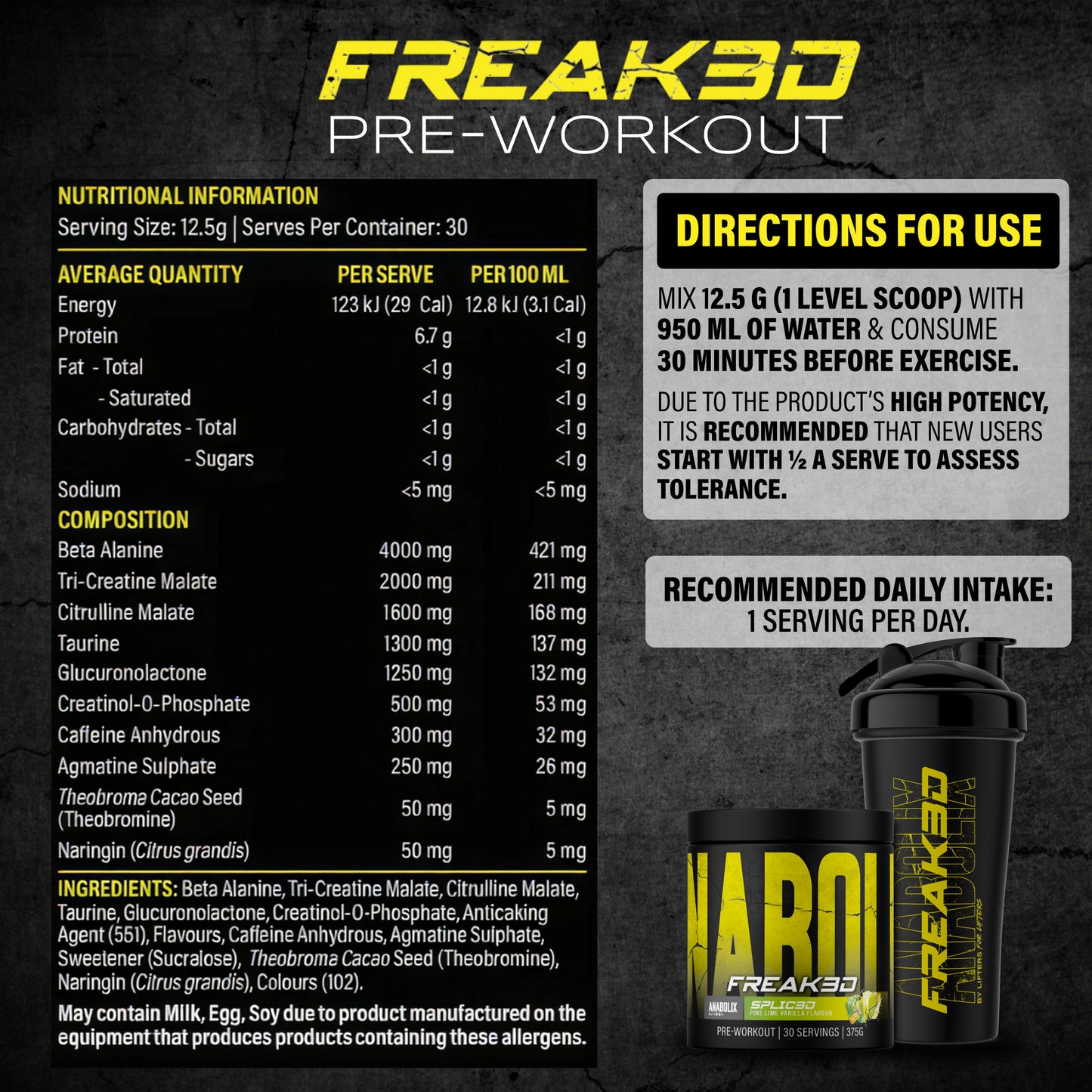 NAR Freak3D pre-workout splice3d pine lime vanilla 375g tub with black shaker and nutrition panel