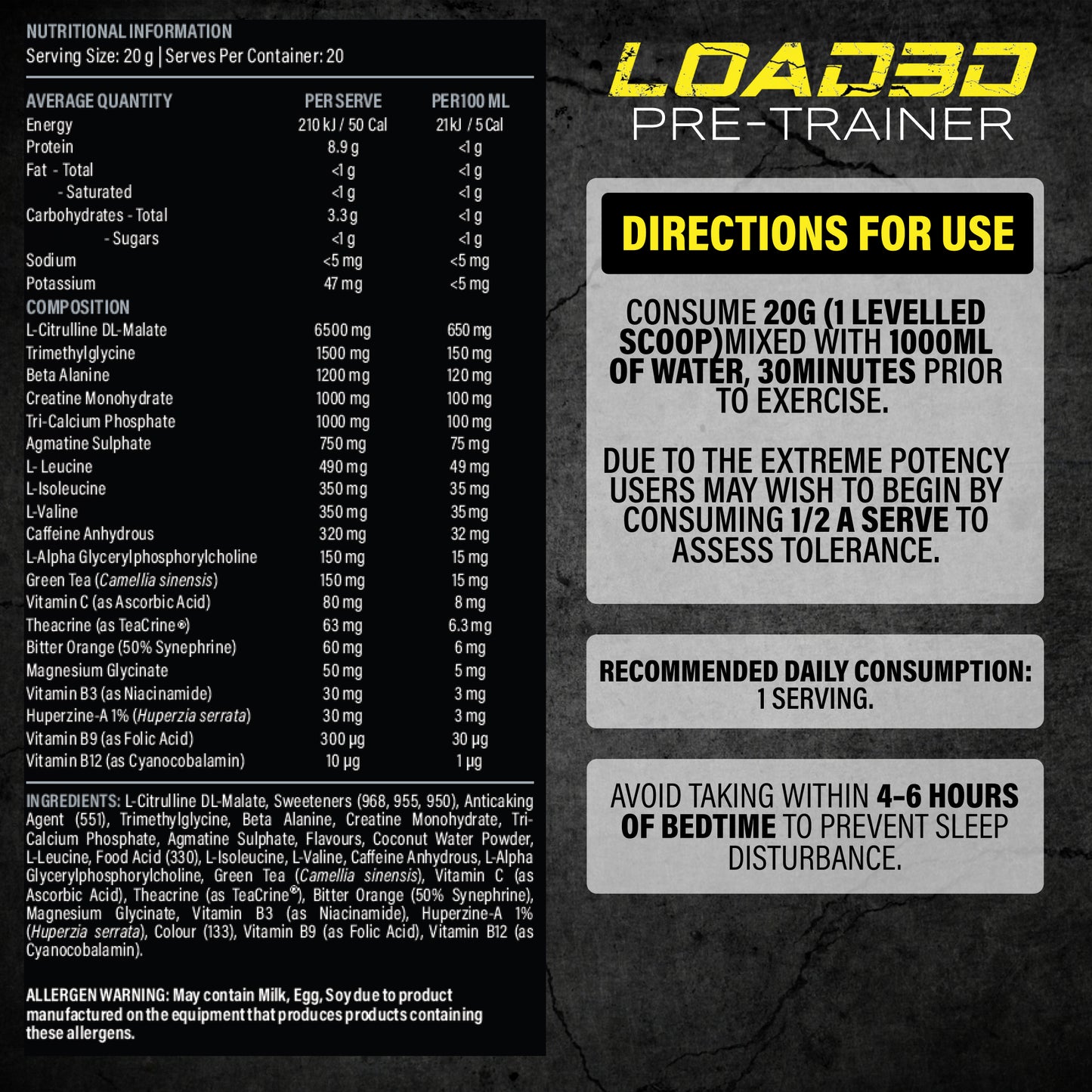 Anabolix Load3D pre-trainer supplement panel with directions, ingredients and nutrition information label