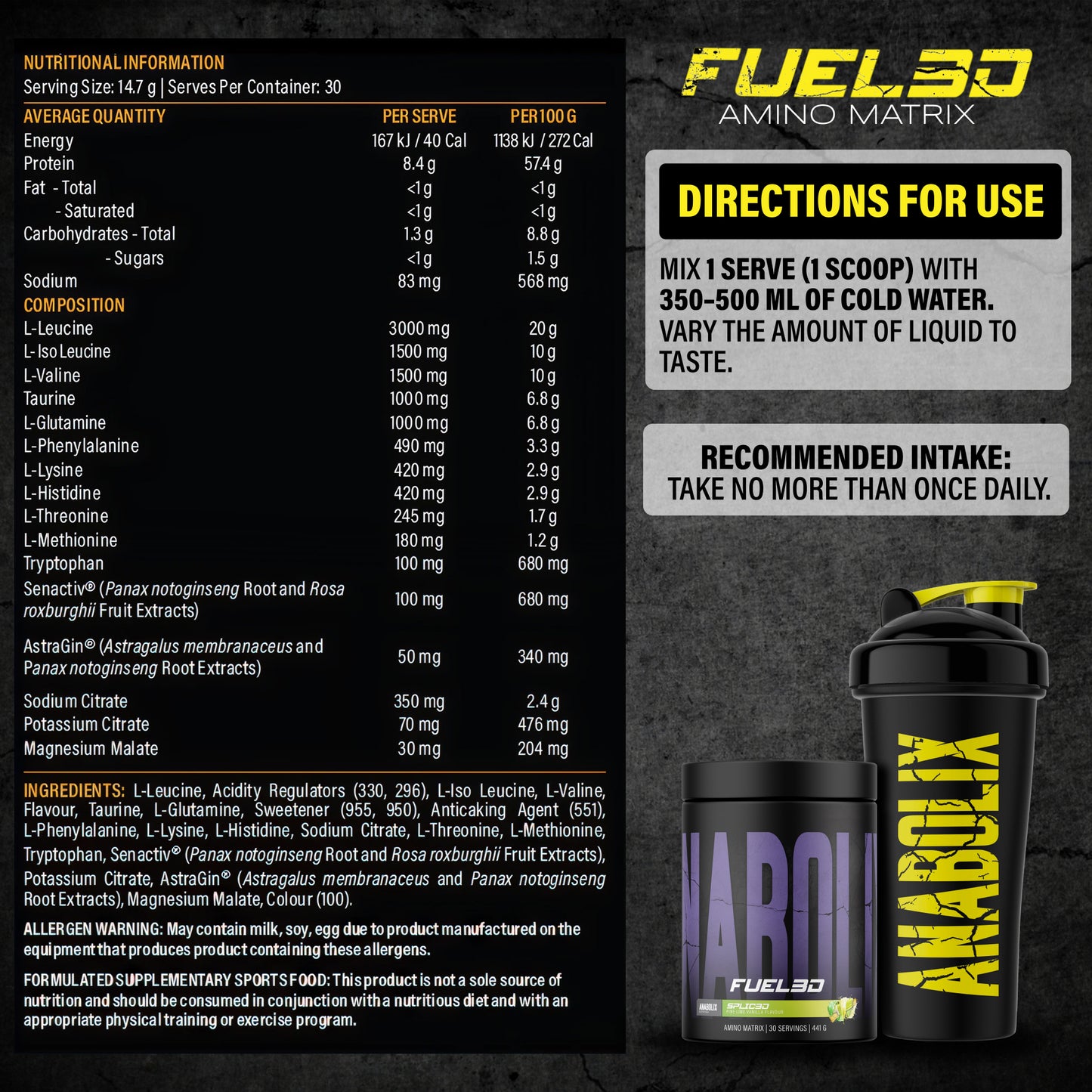 Anabolix Fuel3D splice3d amino powder 441g tub, black packaging with supplement facts panel and shaker