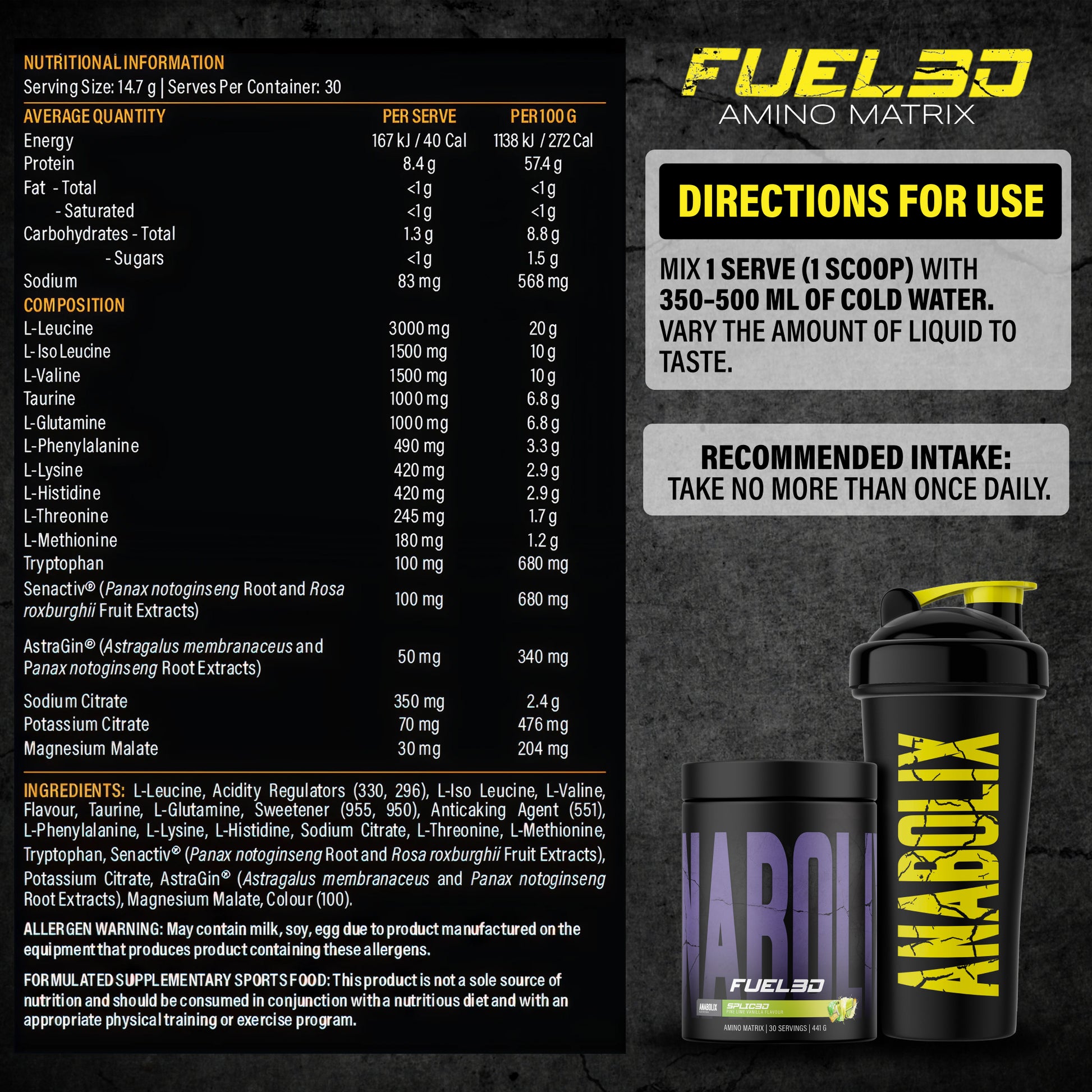 Anabolix Fuel3D splice3d amino powder 441g tub, black packaging with supplement facts panel and shaker
